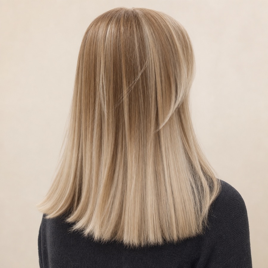 Referencia del look: balayage rubio de media melena con raíz oscura y puntas iluminadas