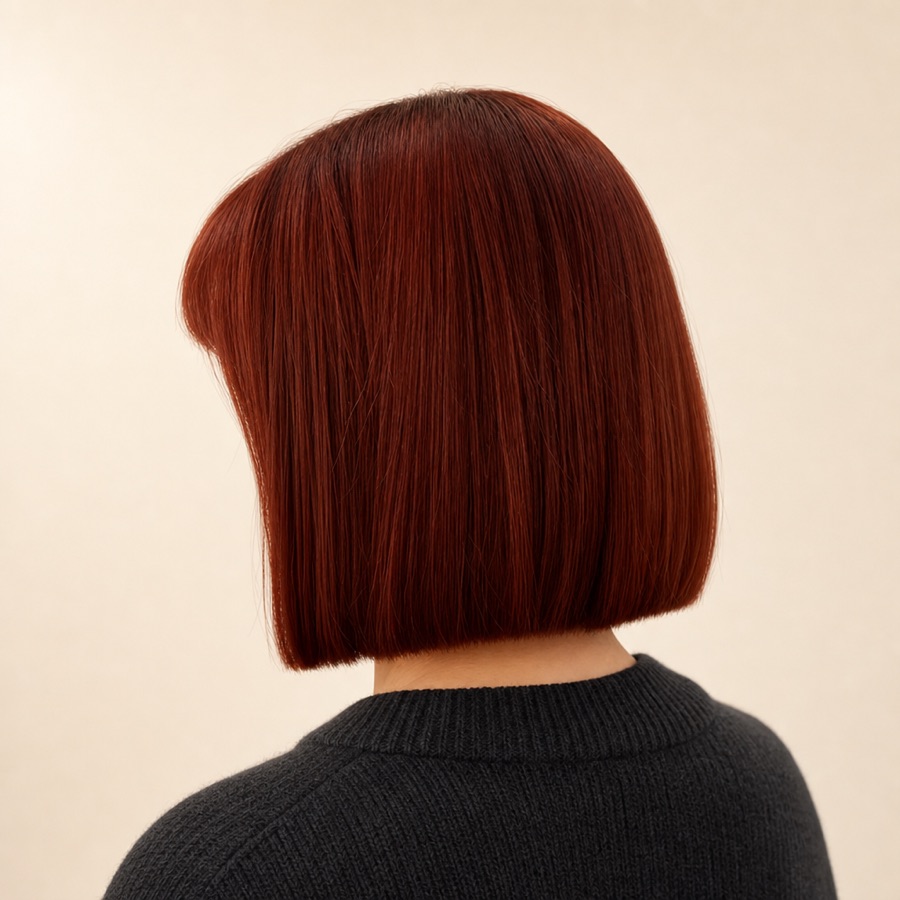 Referencia del look: carré cobrizo a la altura del mentón con flequillo recto