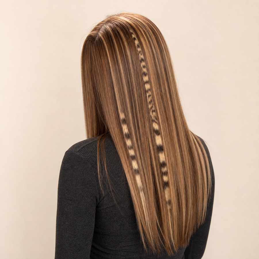 Referencia del look: extensiones largas en tono caramelo con mechas claras
